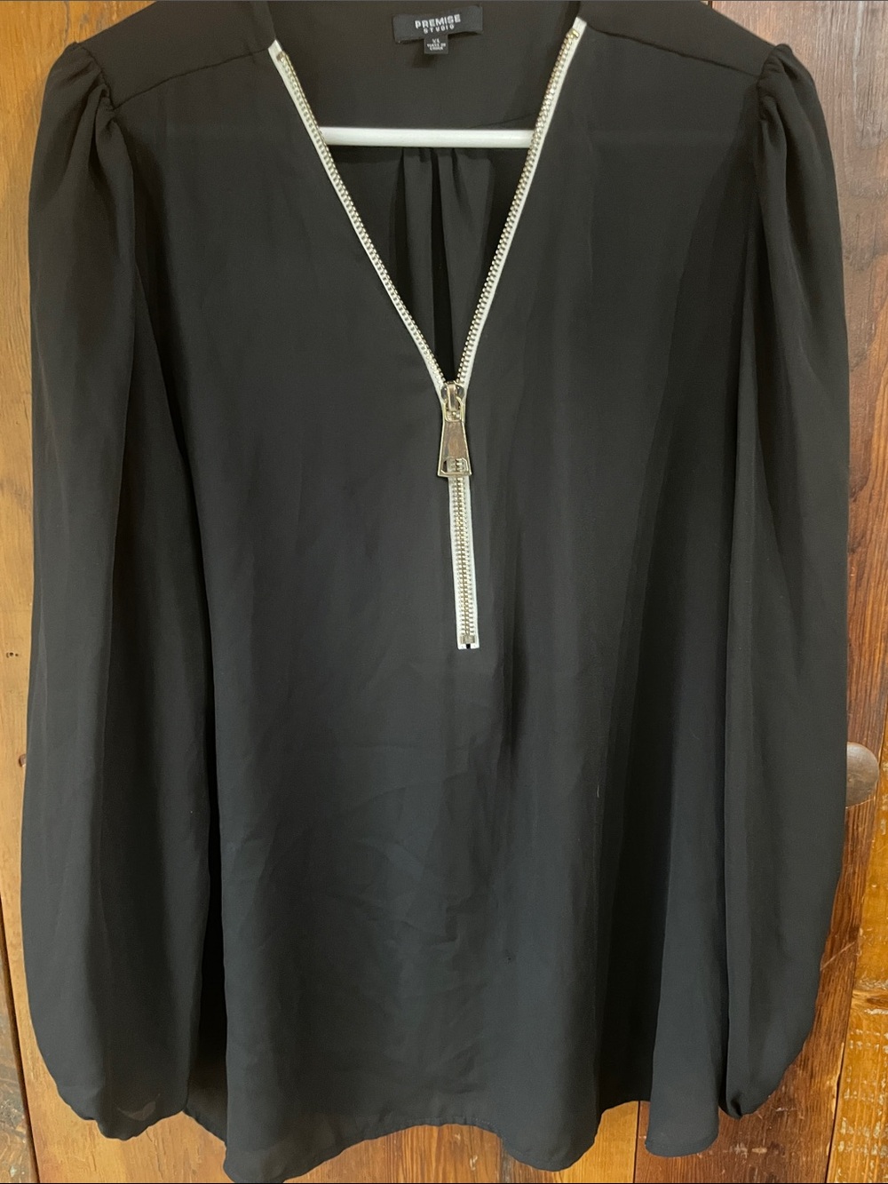 Premise Black V-Zip Long Sleeve Blouse with Puff Shoulders